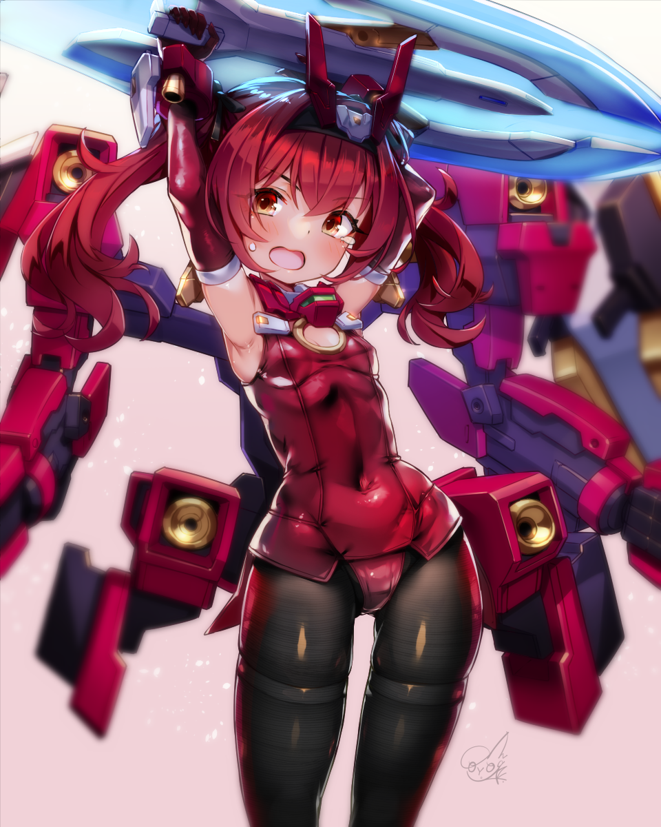 doyouwantto, character request, commentary request, copyright request, highres, 1girl, armpits, arms up, black pantyhose, breasts, covered navel, crying, crying with eyes open, elbow gloves, gloves, headgear, highleg, highleg leotard, holding, holding weapon, leotard, long hair, looking at viewer, mecha musume, open mouth, pantyhose, red gloves, red hair, red leotard, small breasts, solo, tears, thighband pantyhose, twintails, weapon, yellow eyes