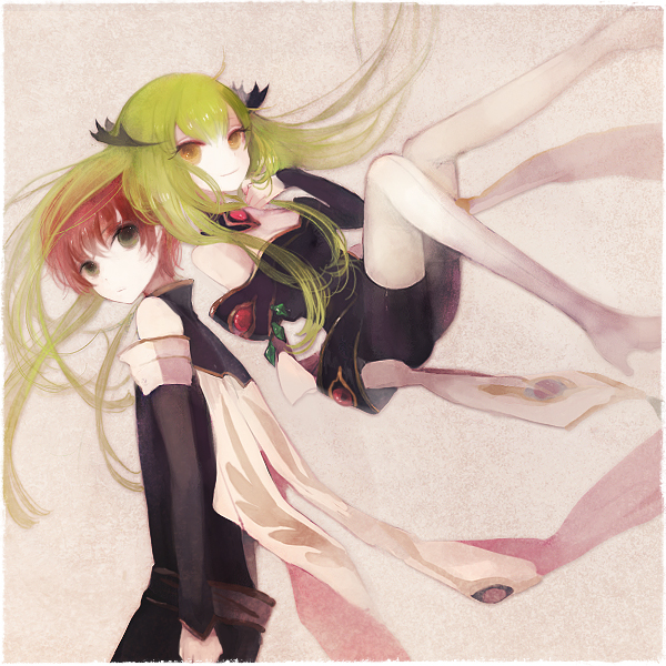 pechika, c.c., kururugi suzaku, code geass, bad id, bad pixiv id, 00s, 2girls, bare shoulders, boots, brown hair, green eyes, green hair, high heels, long hair, multiple girls, shoes, thigh boots, thighhighs