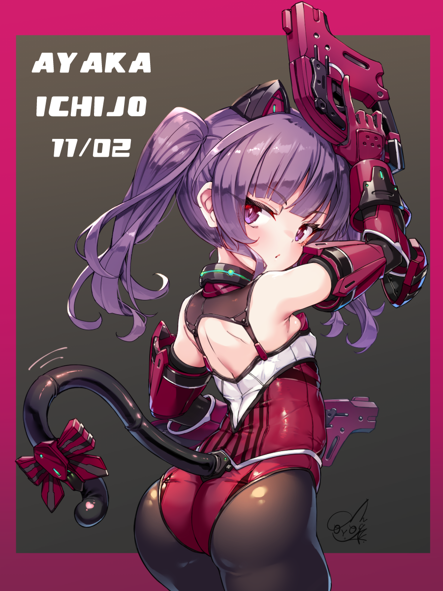 doyouwantto, ichijou ayaka, alice gear aegis, commentary request, highres, 1girl, animal ears, arm up, black pantyhose, border, bow, breasts, cat ears, cat tail, character name, collared leotard, dual wielding, fake animal ears, fake tail, from behind, gloves, highleg, highleg leotard, holding, holding weapon, leotard, long hair, looking at viewer, looking back, mechanical arms, mechanical ears, mechanical tail, pantyhose, purple eyes, purple hair, red border, red bow, red gloves, red leotard, sideboob, small breasts, solo, tail, tail bow, tail ornament, twintails, weapon