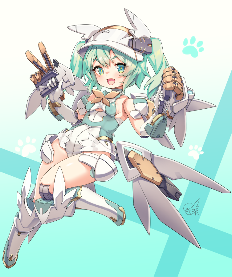 doyouwantto, sylphy (desktop army), desktop army, commentary request, 1girl, :d, breasts, covered navel, dual wielding, fang, full body, gloves, green eyes, green hair, green leotard, hat, headgear, highleg, highleg leotard, holding, holding weapon, joints, leotard, long hair, looking at viewer, mecha musume, mechanical legs, multicolored leotard, open mouth, robot joints, skin fang, small breasts, smile, solo, twintails, two-tone leotard, weapon, white gloves, white hat, white leotard, yellow eyes