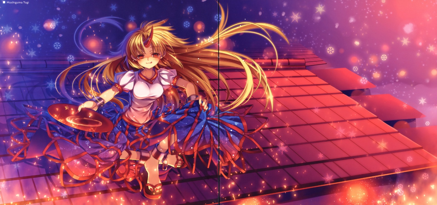 capura lin, eternal phantasia, hoshiguma yuugi, touhou, 1girl, blonde hair, cup, female focus, gap (touhou), horns, long hair, nail polish, red nails, rooftop, sakazuki, single horn, skirt hold, solo