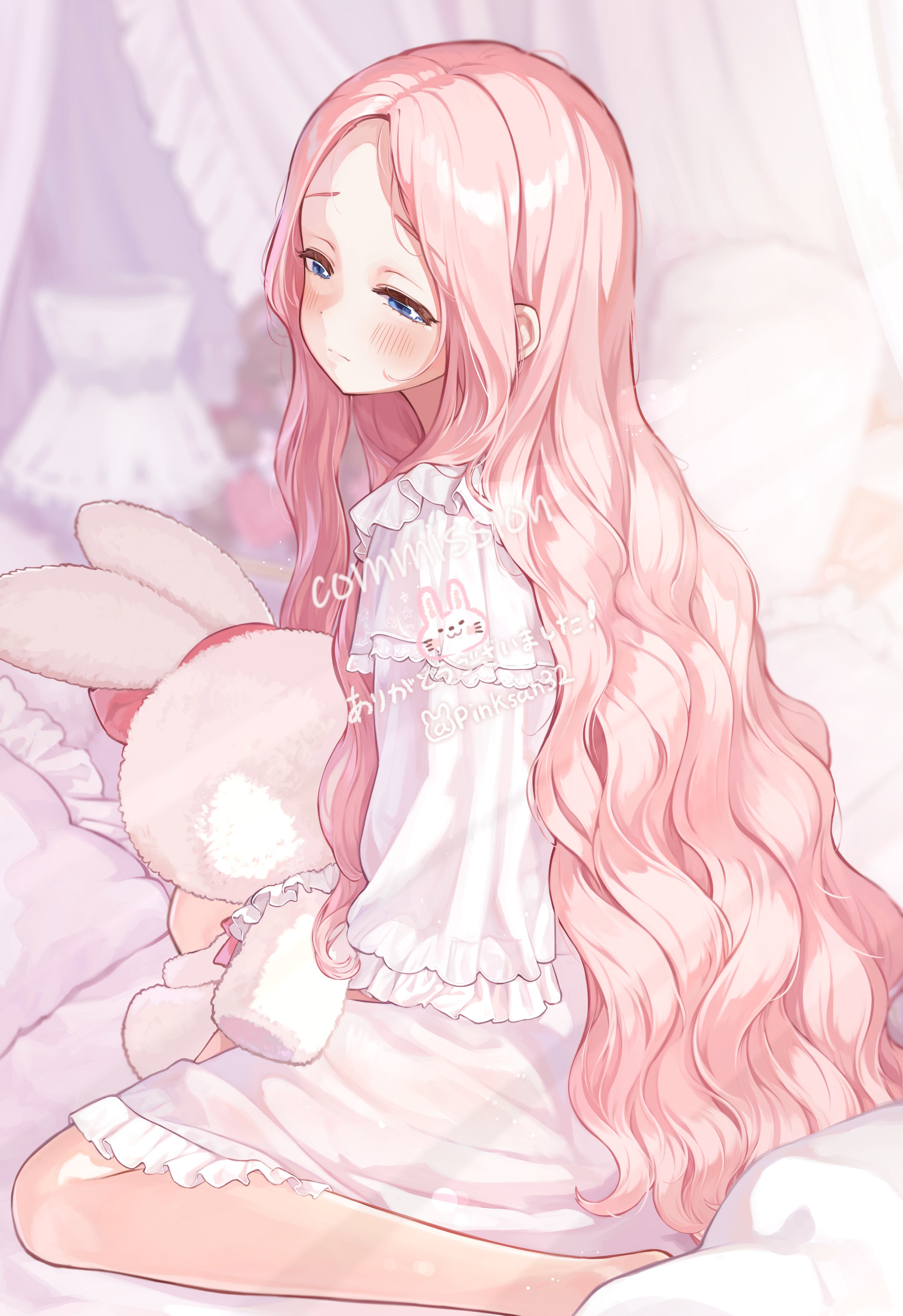 pinkusan, original, absurdres, commentary, commission, highres, skeb commission, 1girl, blue eyes, blush, borrowed character, closed mouth, dress, indoors, long hair, on bed, parted bangs, pillow, pink hair, sitting, solo, stuffed animal, stuffed rabbit, stuffed toy, twitter username, very long hair, wariza, wavy hair, white dress