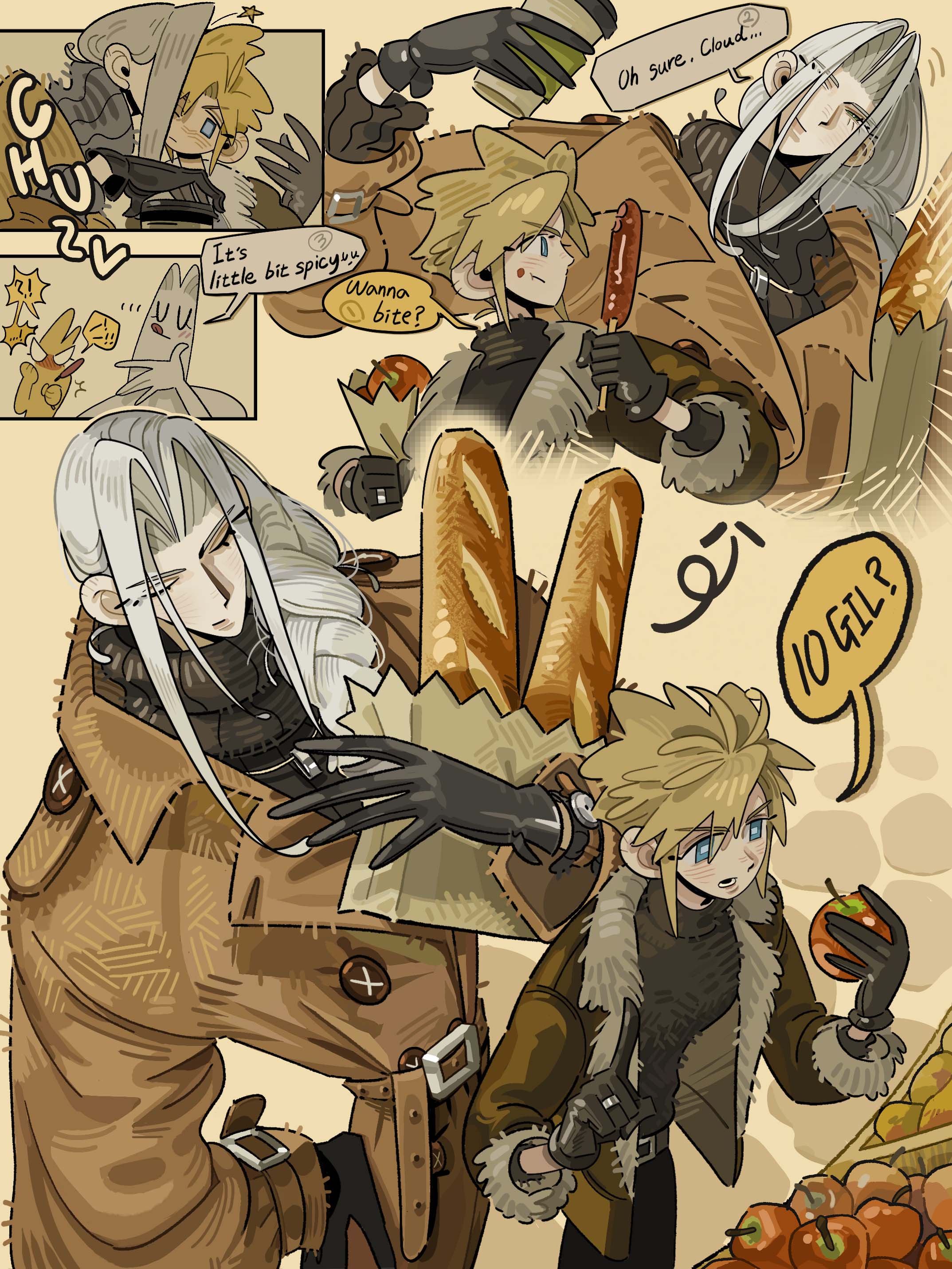 yatgam, cloud strife, sephiroth, final fantasy, final fantasy vii, absurdres, highres, 2boys, alternate costume, animalization, apple, bag, black gloves, black sweater, blonde hair, blue eyes, bread, brown coat, closed eyes, coat, cobblestone, cup, disposable coffee cup, disposable cup, eating, english text, food, food on face, fruit, fur-trimmed coat, fur trim, furrowed brow, gloves, grey hair, hair between eyes, holding, holding bag, holding cup, holding food, holding fruit, jewelry, kiss, loaf of bread, long coat, long hair, market, market stall, multiple boys, open mouth, parted bangs, ring, short hair, spiked hair, sweater, turtleneck, turtleneck sweater, upper body, yaoi