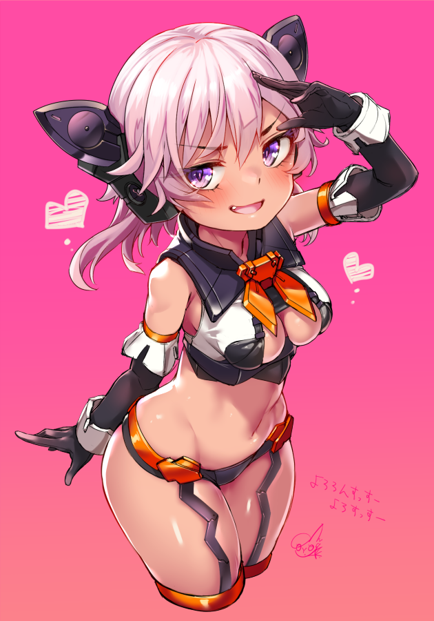 doyouwantto, ilshana (30ms), 30 minutes sisters, commentary request, 1girl, bare shoulders, black garter straps, black gloves, black shirt, black shorts, breasts, cleavage, cleavage cutout, clothing cutout, collared shirt, cropped legs, cropped shirt, dark-skinned female, dark skin, elbow gloves, fang, garter straps, gloves, hand on own head, heart, heart in eye, large breasts, looking at viewer, medium hair, micro shorts, midriff, navel, open mouth, pink background, pink hair, purple eyes, robot ears, shirt, shorts, smile, solo, symbol in eye, two-tone shirt, white shirt, white wrist cuffs, wrist cuffs