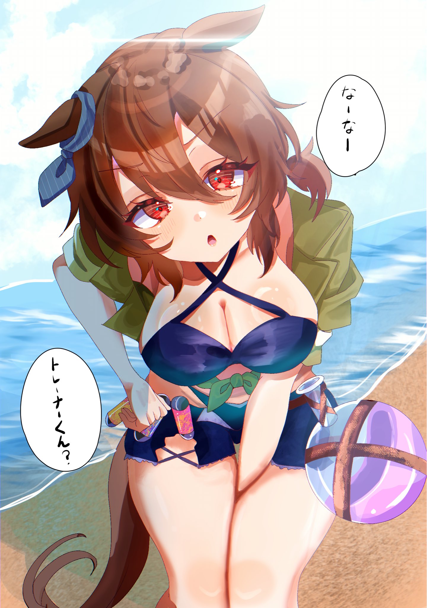 disney o626, agnes tachyon (lunatic lab) (umamusume), agnes tachyon (umamusume), umamusume, highres, 1girl, animal ears, beach, bikini, black bikini, blush, breasts, brown hair, cleavage, criss-cross halter, ear ornament, flask, green jacket, hair between eyes, halterneck, horse ears, horse girl, horse tail, jacket, large breasts, looking at viewer, medium hair, official alternate costume, open clothes, open mouth, open shorts, outdoors, red eyes, round-bottom flask, shorts, solo, stomach, swimsuit, tail, test tube, thighs, tied jacket, water