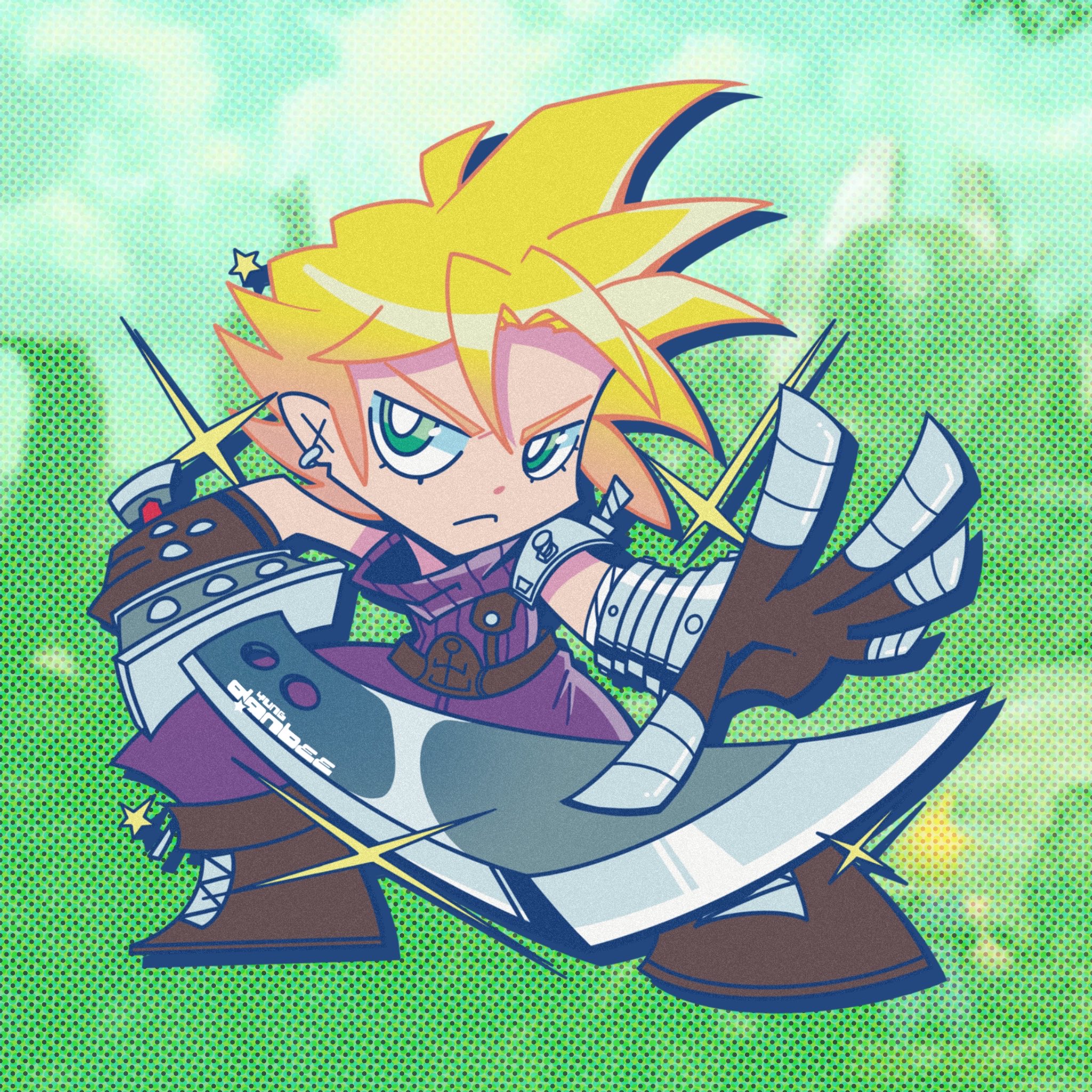 cloud strife, final fantasy, final fantasy vii, highres, 1boy, armor, armored gloves, bandaged arm, bandages, belt, blonde hair, boots, brown belt, brown boots, brown gloves, buster sword, chibi, chibi only, earrings, fighting stance, frown, full body, furrowed brow, gloves, green eyes, hair between eyes, holding, holding sword, holding weapon, jewelry, looking at viewer, male focus, outstretched hand, pants, pauldrons, purple pants, purple shirt, shirt, short hair, shoulder armor, single bare shoulder, single earring, single pauldron, sleeveless, sleeveless turtleneck, solo, sparkle, spiked hair, suspenders, sword, turtleneck, weapon, yungdanbee