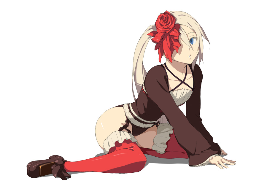 houru, meidi rose, ibara, 1girl, all fours, black panties, blue eyes, female focus, flat chest, flower, full body, garter belt, garter straps, hair flower, hair ornament, kneeling, leaning forward, legs, long hair, panties, ponytail, red thighhighs, rose, shoes, simple background, solo, spread legs, thighhighs, underwear, very long hair