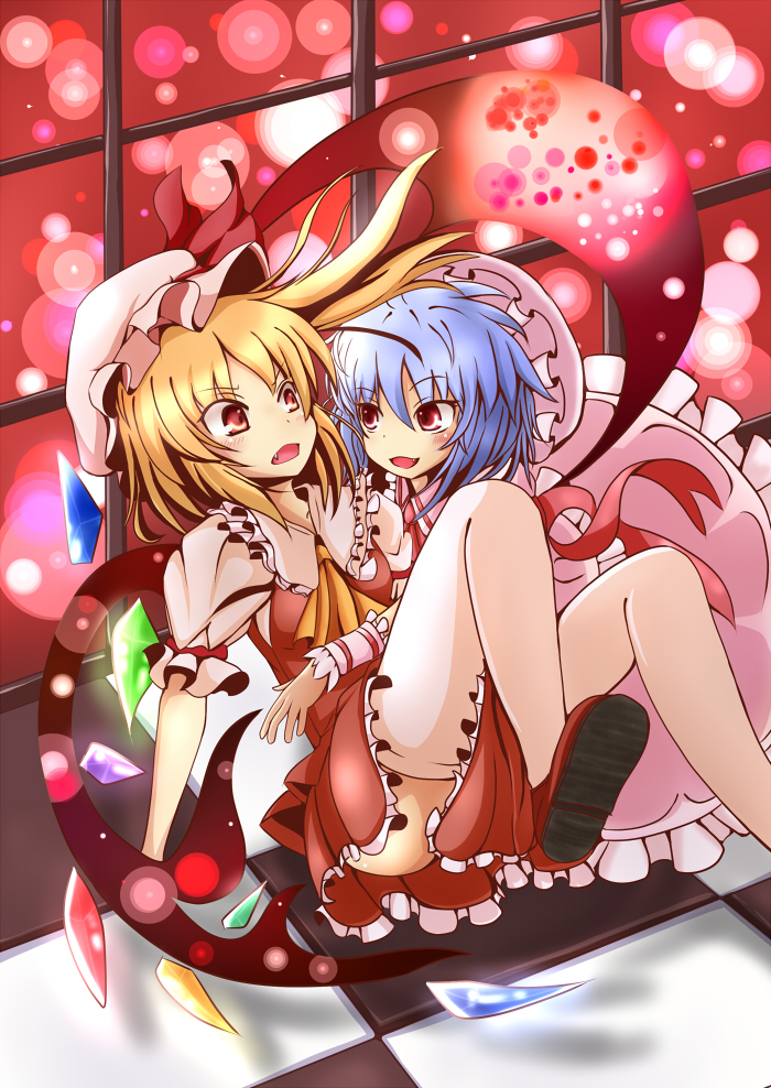 haru ion, flandre scarlet, remilia scarlet, touhou, 2girls, blonde hair, blue hair, blush, fang, female focus, hat, multiple girls, red eyes, siblings, sisters