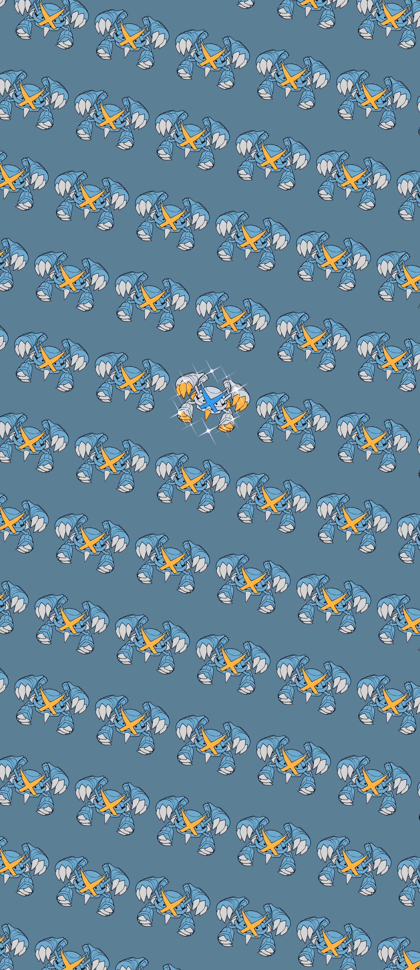 manabe yoh, mega metagross, metagross, nintendo, pokemon, absurdres, highres, tagme, alternate color, blue background, chibi, extra arms, gen 3 pokemon, mega pokemon, no humans, pokemon (creature), pokemon focus, shiny pokemon, sparkle