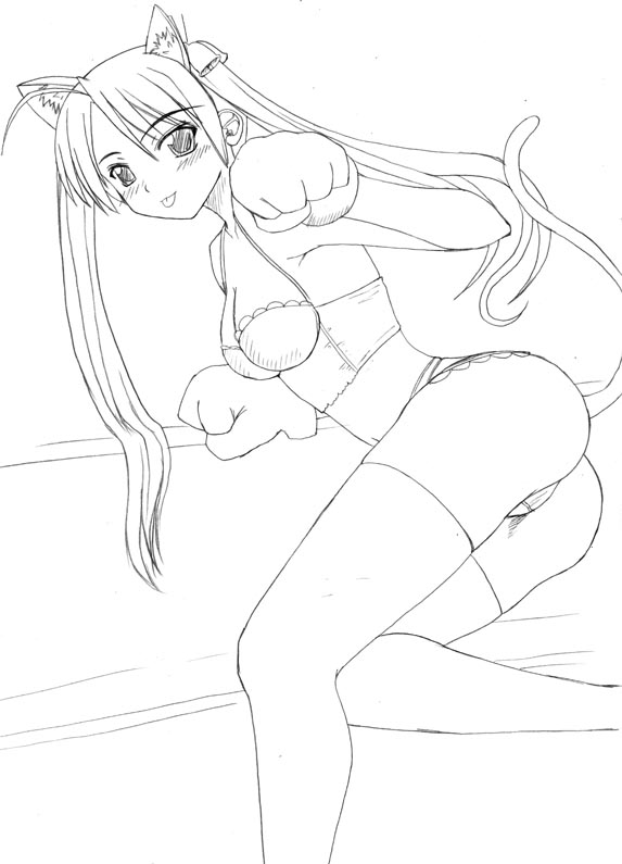 kagurazaka asuna, mahou sensei negima!, 00s, ahoge, animal ears, animal hands, bell, bustier, cat ears, cat tail, greyscale, lingerie, monochrome, panties, solo, tail, thighhighs, tongue, twintails, underwear