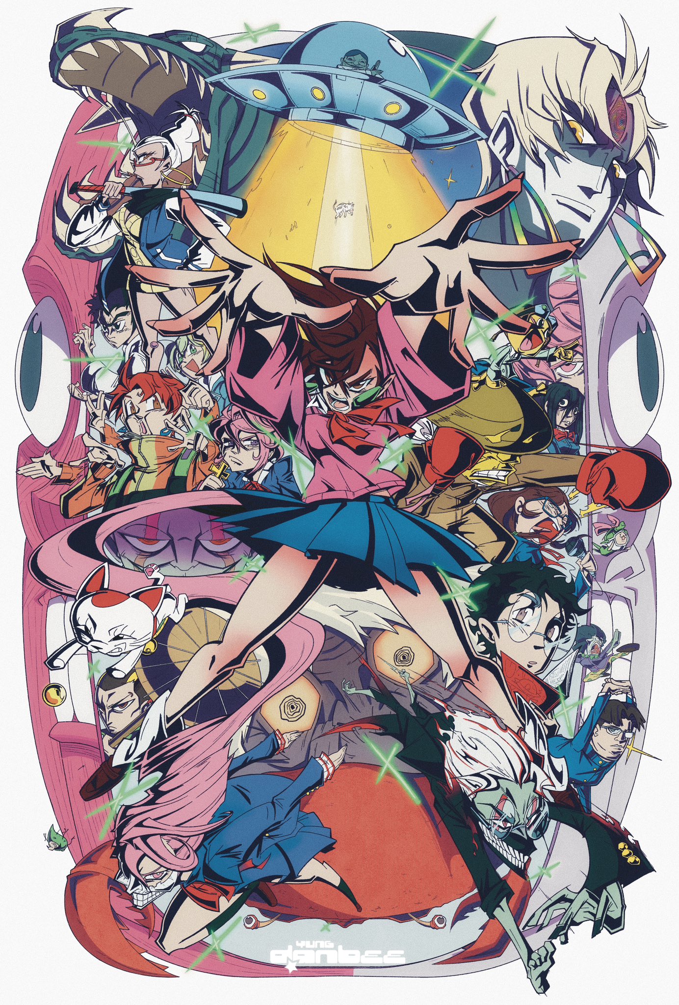 acrobatic silky (dandadan), ayase momo, ayase seiko, chiquitita, enjoji jin, evil eye (dandadan), manjiro (dandadan), mr. mantis shrimp, sakata kinta, sawaki rin, serpo (dandadan), shiratori aira (dandadan), takakura ken (dandadan), takakura ken (transformed) (dandadan), taro (dandadan), turbo granny (dandadan), vamola (dandadan), yukishiro kouki, dandadan, character request, highres, alien, anatomical model, barefoot, black hair, blue jacket, blue skirt, bow, bowtie, breasts, brown eyes, brown hair, brown shoes, cat, cow, crossed bangs, dragon, earrings, everyone, facial mark, flying saucer, full body, gakuran, glasses, hair between eyes, jacket, japanese clothes, jewelry, kaiju, kawabanga mai, long hair, loose socks, medium breasts, medium hair, multicolored hair, outstretched arms, over shoulder, pink hair, pink sweater, pleated skirt, red bow, red bowtie, red hair, round eyewear, school uniform, shoes, short hair, skirt, socks, spacecraft, streaked hair, sweater, teeth, third eye, upper body, very long hair, very short hair, weapon, weapon over shoulder, white hair, yellow eyes, yungdanbee