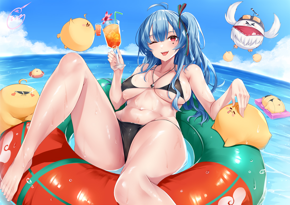 irohara, manjuu (azur lane), marco polo (azur lane), azur lane, 1girl, ;d, ahoge, barefoot, bird, black hair, blue hair, blue sky, blush, breasts, breasts apart, cloud, cup, day, drinking straw, feet, floating, glass, hair ribbon, holding, holding cup, horizon, ice, ice cube, innertube, long hair, medium breasts, mole, mole under eye, navel, ocean, one eye closed, open mouth, outdoors, red eyes, ribbon, sidelocks, sky, smile, solo, swim ring, swimsuit, thighs, toes