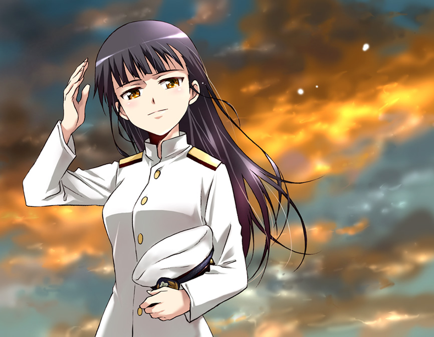 agahari, sakamoto mio, strike witches, world witches series, 00s, 1girl, black hair, brown eyes, female focus, hair down, hat, long hair, military, military uniform, solo