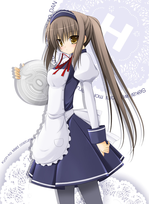 tomosuke, kyonko, suzumiya haruhi no yuuutsu, 00s, 1girl, brown hair, female focus, genderswap, genderswap (mtf), long hair, maid, pantyhose, ponytail, solo