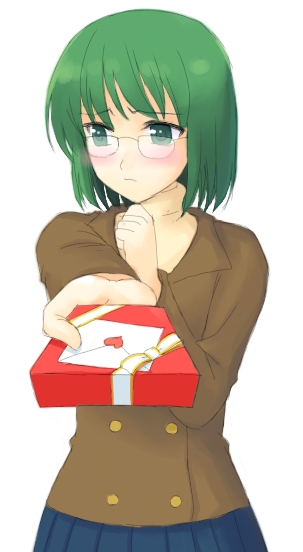 atsukan, 1girl, blush, female focus, gift, glasses, green eyes, green hair, heart, holding, holding gift, letter, matching hair/eyes, solo, unknown