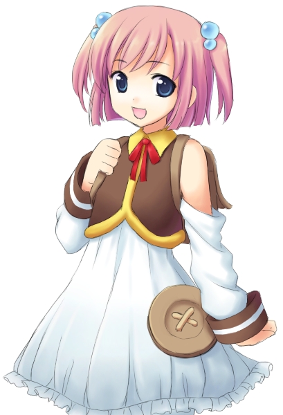atsukan, nijihara ink, moetan, 00s, 1girl, backpack, bag, buttons, female focus, hair bobbles, hair ornament, pink hair, randoseru, short hair, smile, solo, unknown