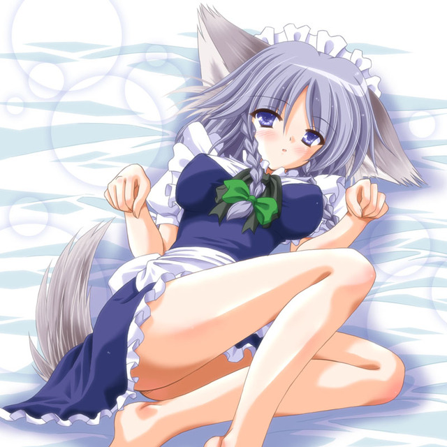 yamu (reverse noise), inu sakuya (nejikirio), izayoi sakuya, touhou, silver hair, 1girl, animal ears, barefoot, blush, braid, dog ears, dog tail, female focus, kemonomimi mode, maid, ribbon, short hair, solo, tail, twin braids