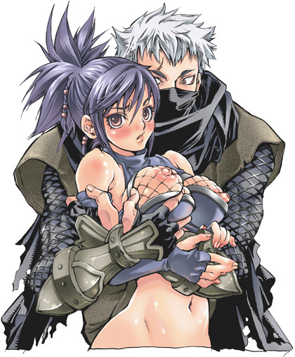 suika (suika-dokei), ayame (tenchuu), rikimaru, acquire, fromsoftware, tenchu, tenchuu, 00s, 1boy, 1girl, blush, bottomless, breasts, fishnets, grabbing another's breast, groping, hetero, large breasts, ninja, nipples, out-of-frame censoring