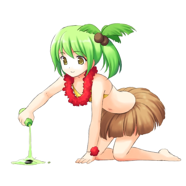 atsukan, original, 1girl, asphyxiation, barefoot, bikini, bikini top only, bug, cockroach, coconut, drowning, female focus, flat chest, flower, flower necklace, grass skirt, green hair, insect, jewelry, lei, navel, necklace, smile, solo, swimsuit, unknown