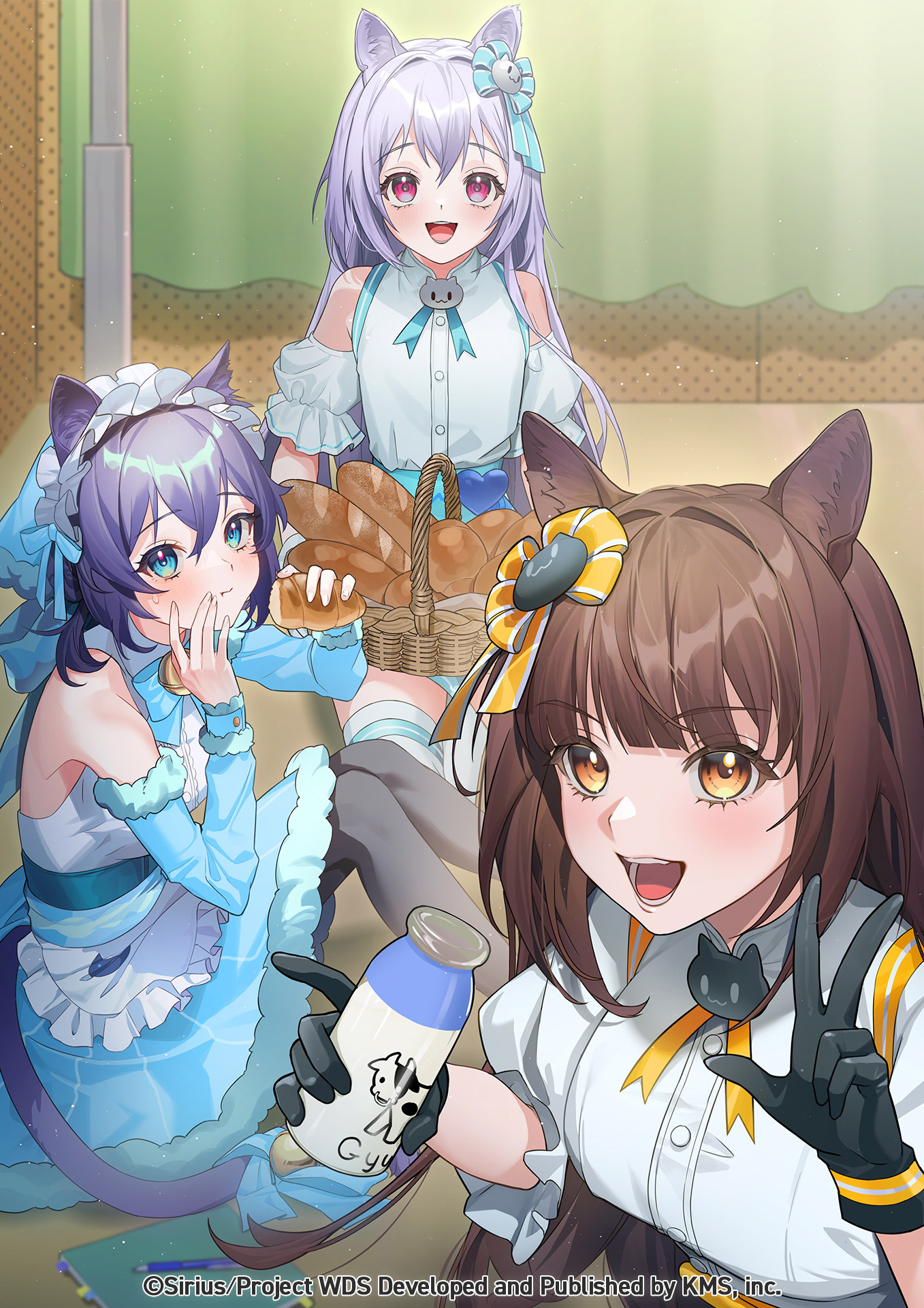 themis (themis adgjm), niizuma yae, shama (maimai), shizuka (world dai star), yanagiba panda, maimai (game), world dai star, highres, official art, 3girls, :d, animal ears, bare shoulders, brown hair, cat ears, cat tail, cosplay, detached sleeves, food, gloves, hair ornament, long hair, looking at viewer, maid headdress, milk (maimai), milk (maimai) (cosplay), multiple girls, open mouth, purple hair, salt (maimai), salt (maimai) (cosplay), shama (maimai) (cosplay), sitting, sleeveless, smile, tail, v