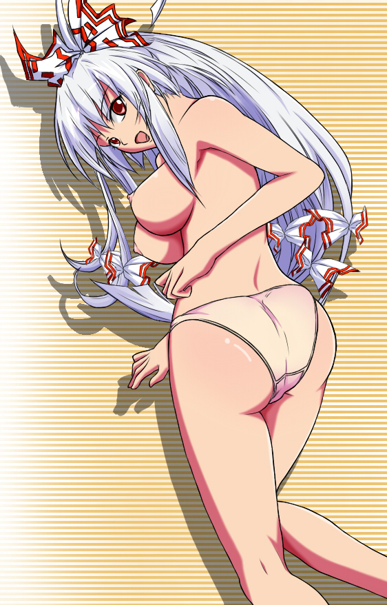 kagero (haruhi), fujiwara no mokou, touhou, silver hair, colorized, 1girl, breasts, female focus, large breasts, long hair, panties, red eyes, solo, underwear