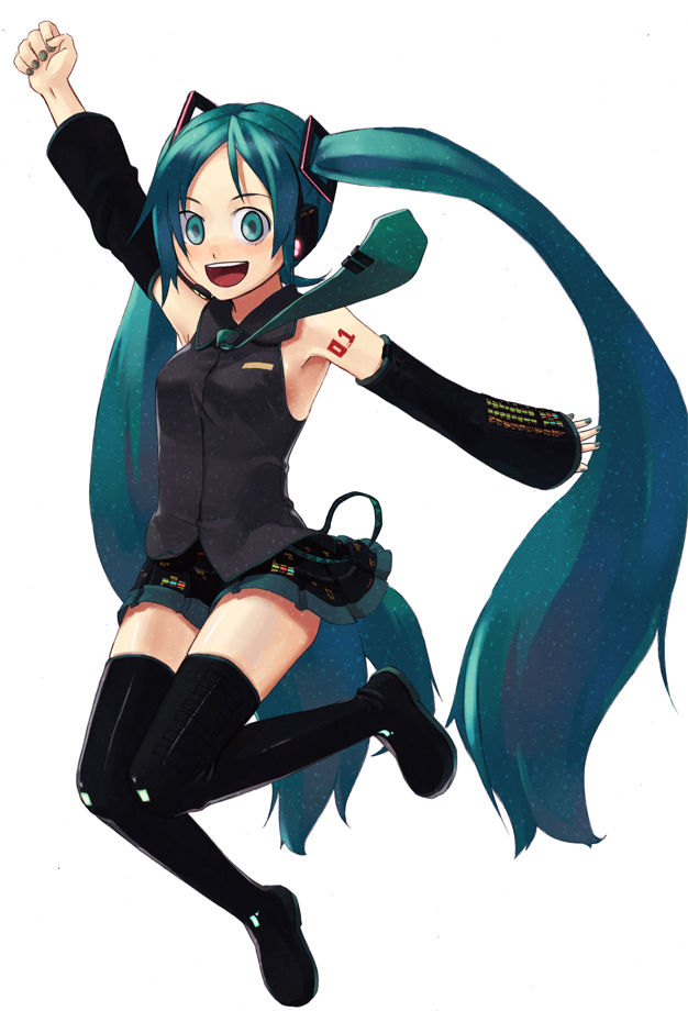 itsutsu, hatsune miku, vocaloid, bad id, bad pixiv id, jumping, long hair, solo, thighhighs, twintails, very long hair, zettai ryouiki