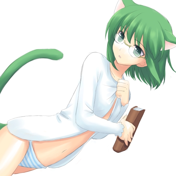 atsukan, animal ears, book, flat chest, glasses, green hair, panties, solo, striped clothes, striped panties, tail, underwear, unknown