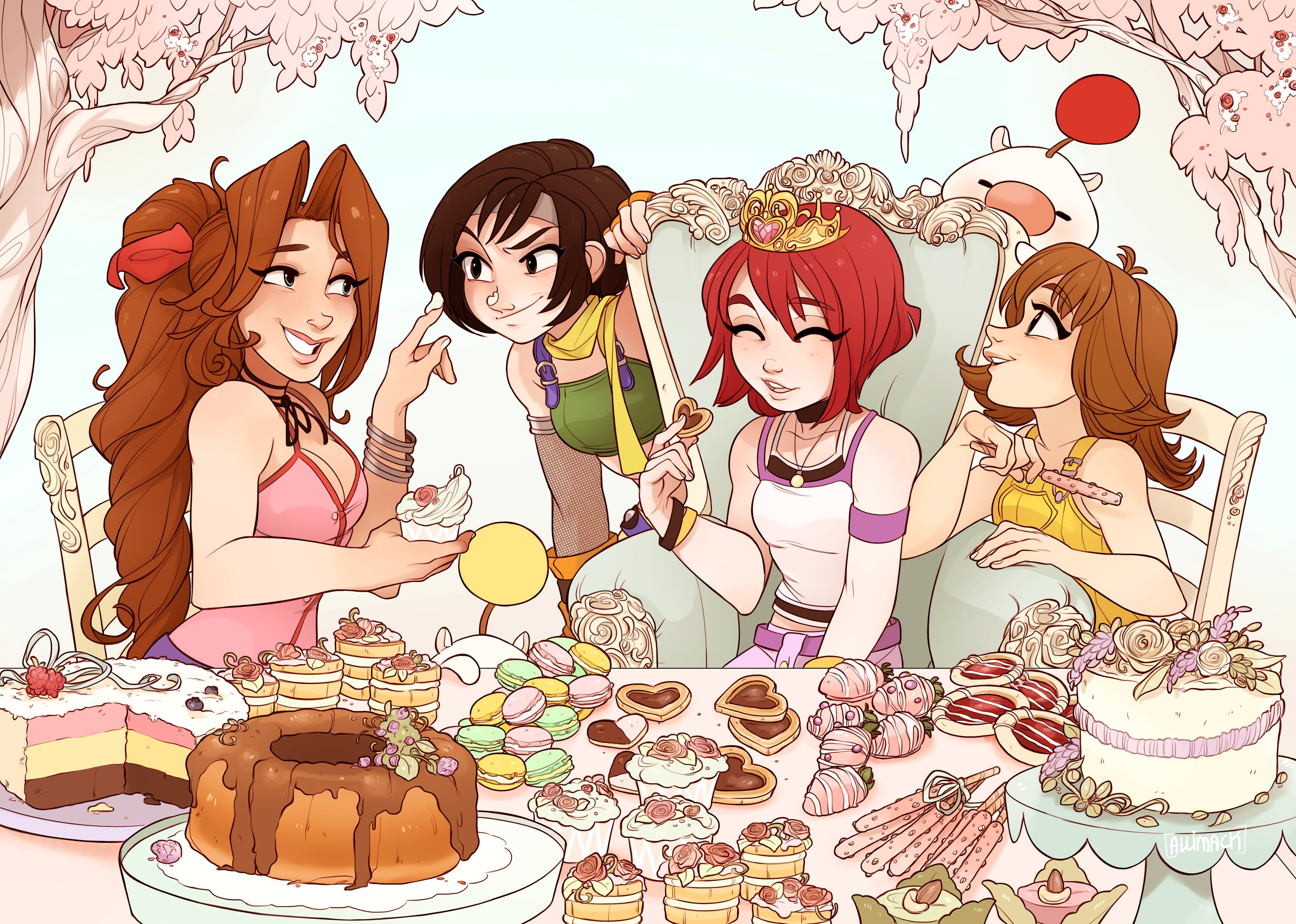 skirtzzz, aerith gainsborough, kairi (kingdom hearts), moogle, selphie tilmitt, yuffie kisaragi, final fantasy, final fantasy vii, final fantasy viii, kingdom hearts, absurdres, highres, 4girls, armband, bangle, bare shoulders, belt, black camisole, black choker, black hair, bracelet, braid, braided ponytail, breasts, brown hair, cake, camisole, cat, chair, choker, cleavage, closed eyes, colored sclera, creature, crop top, cupcake, dessert, dress, fancy dessert, fingerless gloves, food, furrowed brow, gloves, green shirt, hair between eyes, hair ribbon, headband, holding, holding food, jewelry, long hair, looking at another, macaron, medium breasts, medium hair, multiple girls, necklace, official alternate costume, orange gloves, overalls, parted bangs, parted lips, pink dress, pink skirt, princess, purple armband, purple belt, red hair, red ribbon, ribbon, ribbon choker, shirt, shirt under shirt, short hair, silver bangle, single braid, skirt, sleeveless, sleeveless dress, smile, spaghetti strap, strapless, table, tea party, tiara, tree, tube top, upper body, white camisole, yellow overalls, yellow sclera