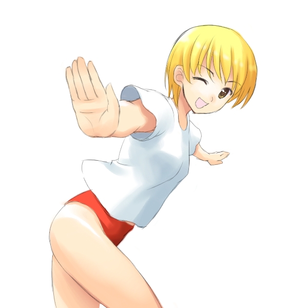 atsukan, eyebrows, 1girl, ;d, blonde hair, brown eyes, buruma, female focus, gym uniform, leaning forward, looking at viewer, looking to the side, one eye closed, open mouth, orange buruma, outstretched arms, short hair, short sleeves, simple background, smile, solo, unknown, white background, wink