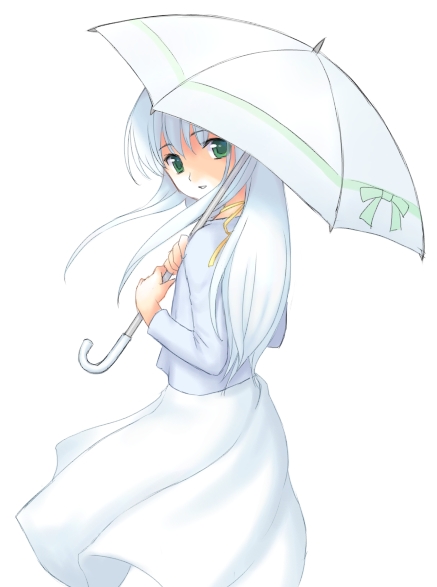 atsukan, 1girl, female focus, green eyes, long hair, looking back, solo, umbrella, unknown, white hair