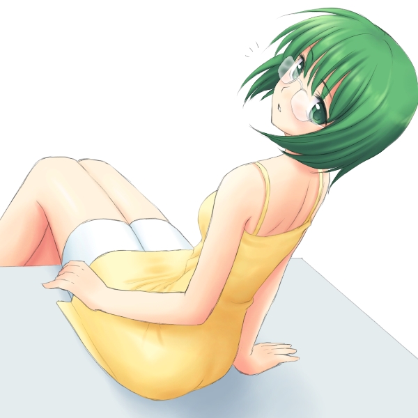 atsukan, 1girl, female focus, glasses, green eyes, green hair, looking back, matching hair/eyes, solo, unknown