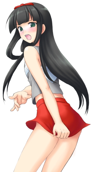 atsukan, black hair, blush, green eyes, long hair, skirt, solo, unknown
