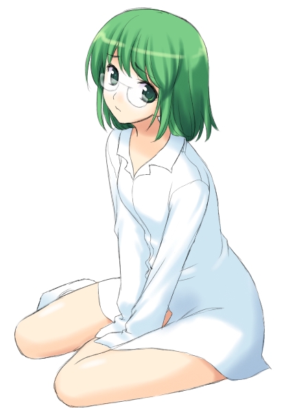 atsukan, bottomless, glasses, green eyes, green hair, naked shirt, shirt, short hair, sitting, solo, unknown, yokozuwari