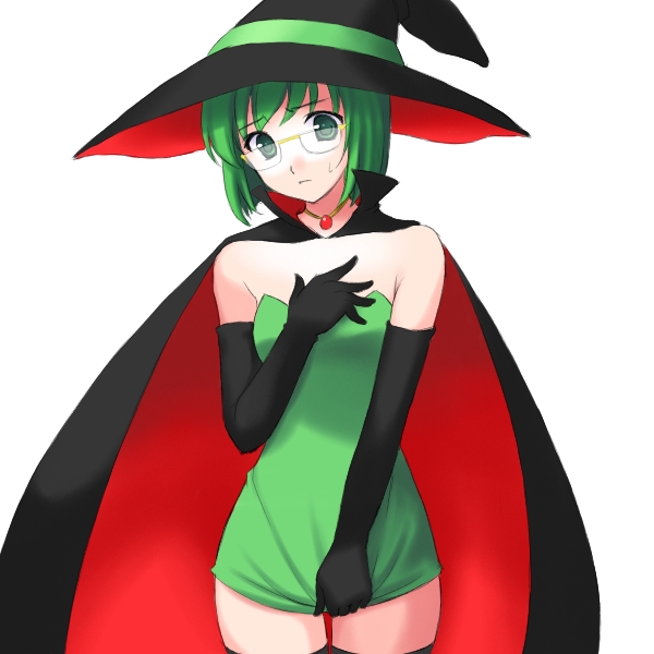 atsukan, 1girl, cape, dress, elbow gloves, embarrassed, female focus, glasses, gloves, green eyes, green hair, hat, jewelry, matching hair/eyes, pendant, short hair, simple background, solo, strapless, strapless dress, sweat, thighhighs, unknown, witch, witch hat