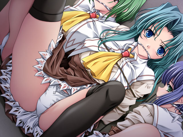 kurono (game illustrator), fearless], game cg, 3girls, bdsm, bondage, bound, cleave gag, cloth gag, gag, gagged, improvised gag, multiple girls, panties, school uniform, thighhighs, underwear