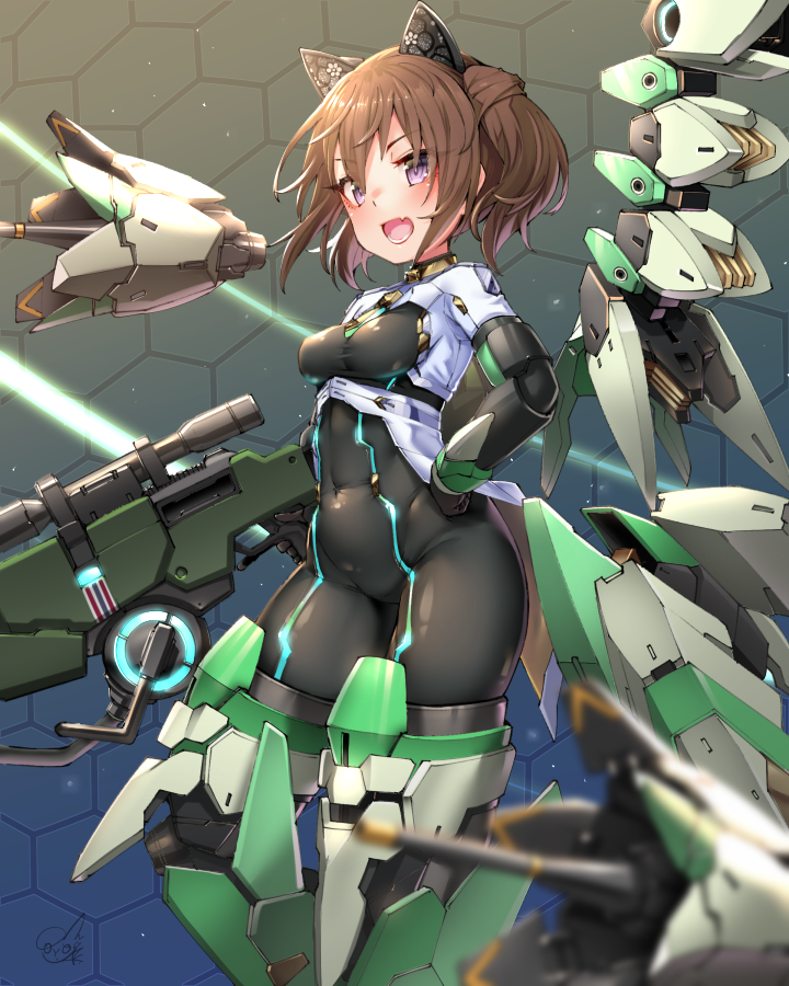 doyouwantto, kimikage yui, alice gear aegis, commentary request, 1girl, animal ears, black bodysuit, bodysuit, breasts, brown hair, cat ears, covered navel, fake animal ears, gun, hand on own hip, holding, holding gun, holding weapon, mecha musume, mechanical arms, mechanical legs, mechanical wings, medium breasts, medium hair, open mouth, purple eyes, single wing, smile, solo, twintails with hair base, vest, weapon, white vest, wings