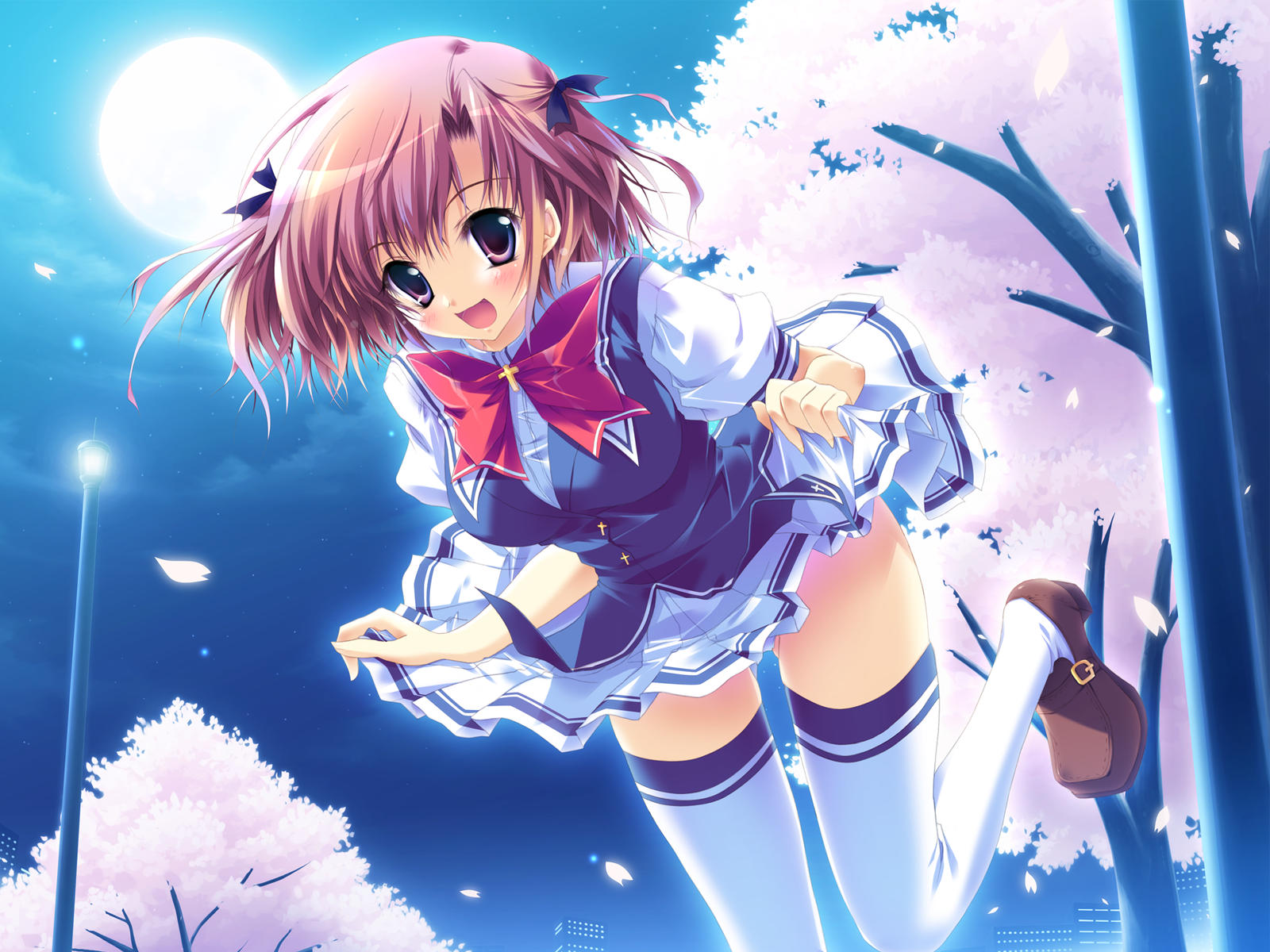 izumi tsubasu, hagiwara tomoe, lyrical lyric, highres, 1girl, blush, brown hair, cherry blossoms, female focus, open mouth, petals, school uniform, short hair, sky, solo, thighhighs