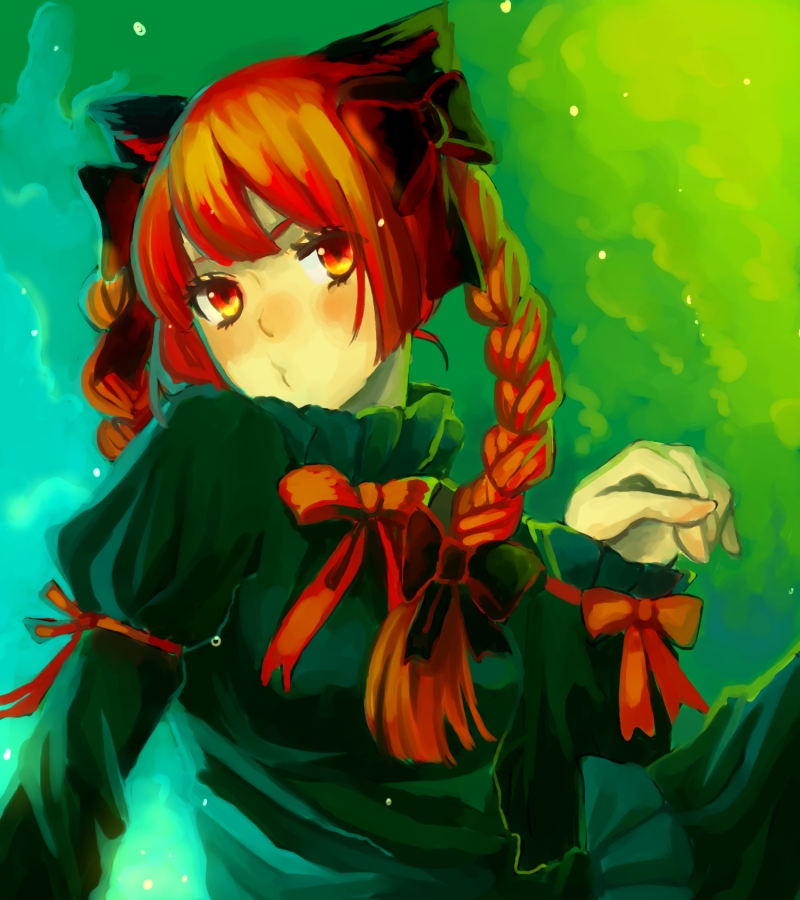 otousan, kaenbyou rin, touhou, bad id, bad pixiv id, 1girl, animal ears, braid, cat ears, cat girl, female focus, gradient background, red eyes, red hair, ribbon, sitting, solo, twin braids, upper body