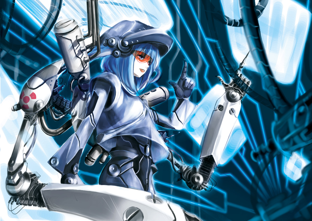 tomasu, tsurukame, kawashiro nitori, touhou, 1girl, armor, female focus, mechanical arms, power armor, science fiction, single mechanical arm, solo, two side up