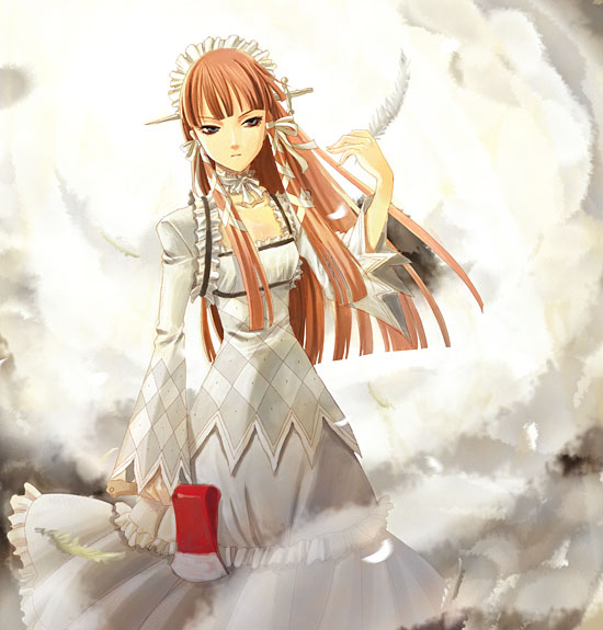 raka, yoshino chidori, atlus, persona, persona 3, 1girl, axe, blunt bangs, dress, female focus, gothic lolita, hatchet (axe), lolita fashion, long sleeves, looking at viewer, orange hair, red eyes, simple background, solo, standing, white background, white dress, white wings, wings