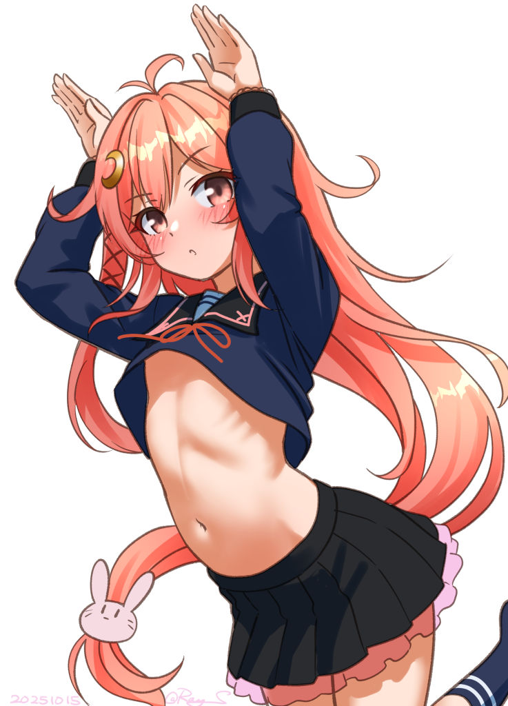 ray.s, uzuki (kancolle), kantai collection, 1girl, ahoge, blush, cowboy shot, crescent, crescent hair ornament, hair ornament, hair ribbon, long hair, long sleeves, low-tied long hair, navel, pleated skirt, rabbit hair ornament, rabbit pose, red eyes, red hair, ribbon, school uniform, serafuku, skirt, smile, solo, very long hair, white background