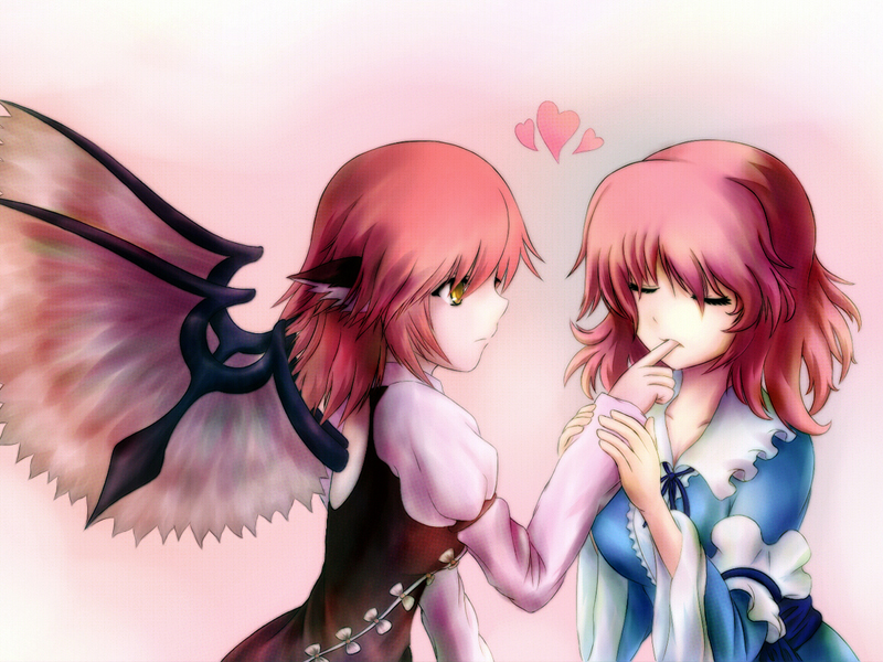 hiromi (artist), misonou hirokichi, mystia lorelei, saigyouji yuyuko, touhou, biting finger, 2girls, animal ears, biting, closed eyes, female focus, heart, multiple girls, pink hair, short hair, wings, yellow eyes, yuri