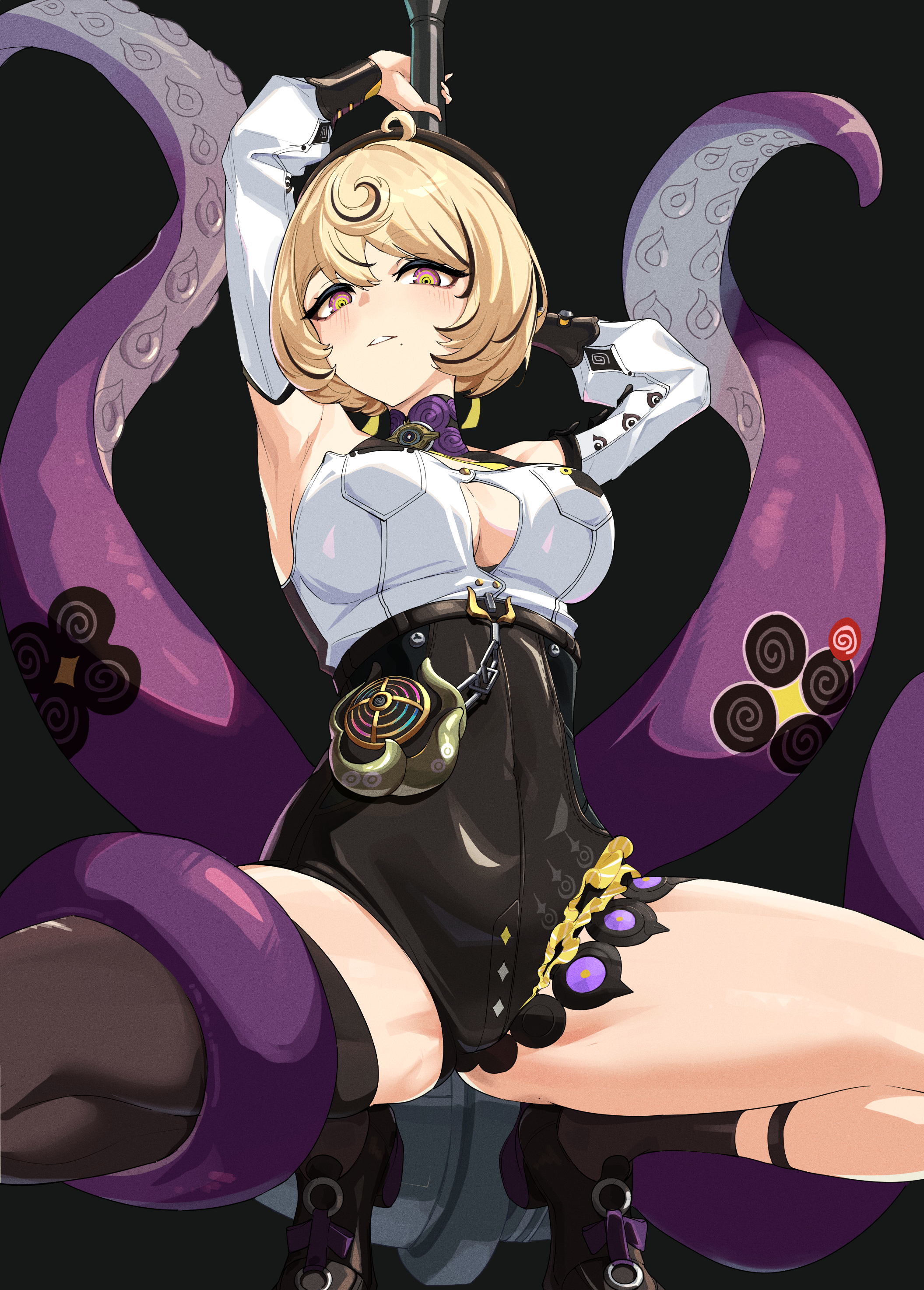 chilling (gandy27195238), zenless zone zero, absurdres, highres, 1girl, @ @, black hair, black shorts, black socks, black thighhighs, blonde hair, blush, closed mouth, high-waist shorts, looking at viewer, multicolored hair, shirt, short hair, shorts, single thighhigh, sleeveless, sleeveless turtleneck, socks, solo, streaked hair, tentacle girl, tentacles, thighhighs, turtleneck, white shirt, yellow eyes, yidhari murphy