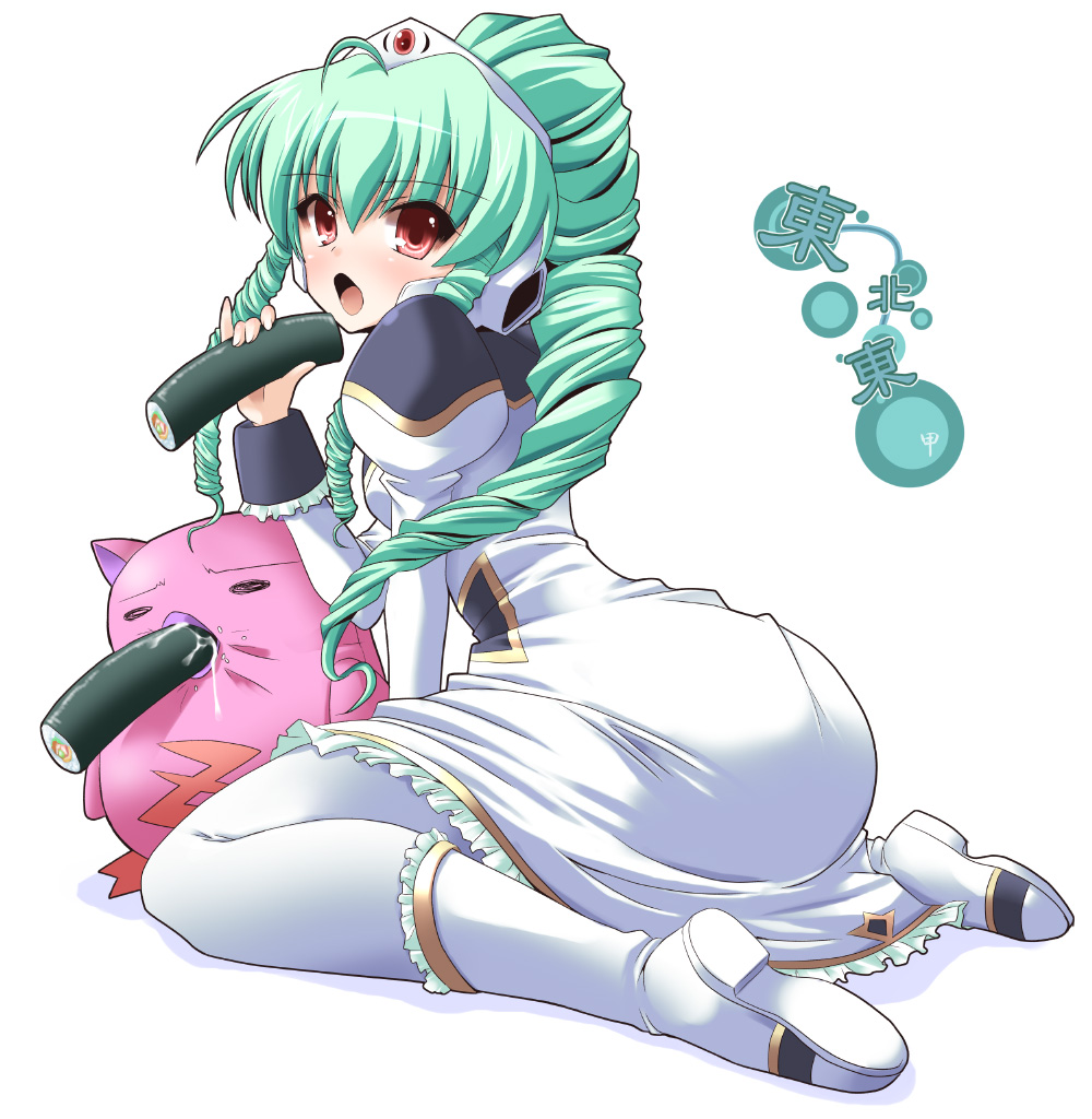 shinshin, normad, vanilla h, galaxy angel, non-web source, 00s, 1girl, doll, drill hair, female focus, food, green hair, hat, headgear, kneeling, long hair, makizushi, military, military uniform, open mouth, pantyhose, ponytail, red eyes, robot ears, solo, stuffed animal, stuffed toy, sushi, white pantyhose