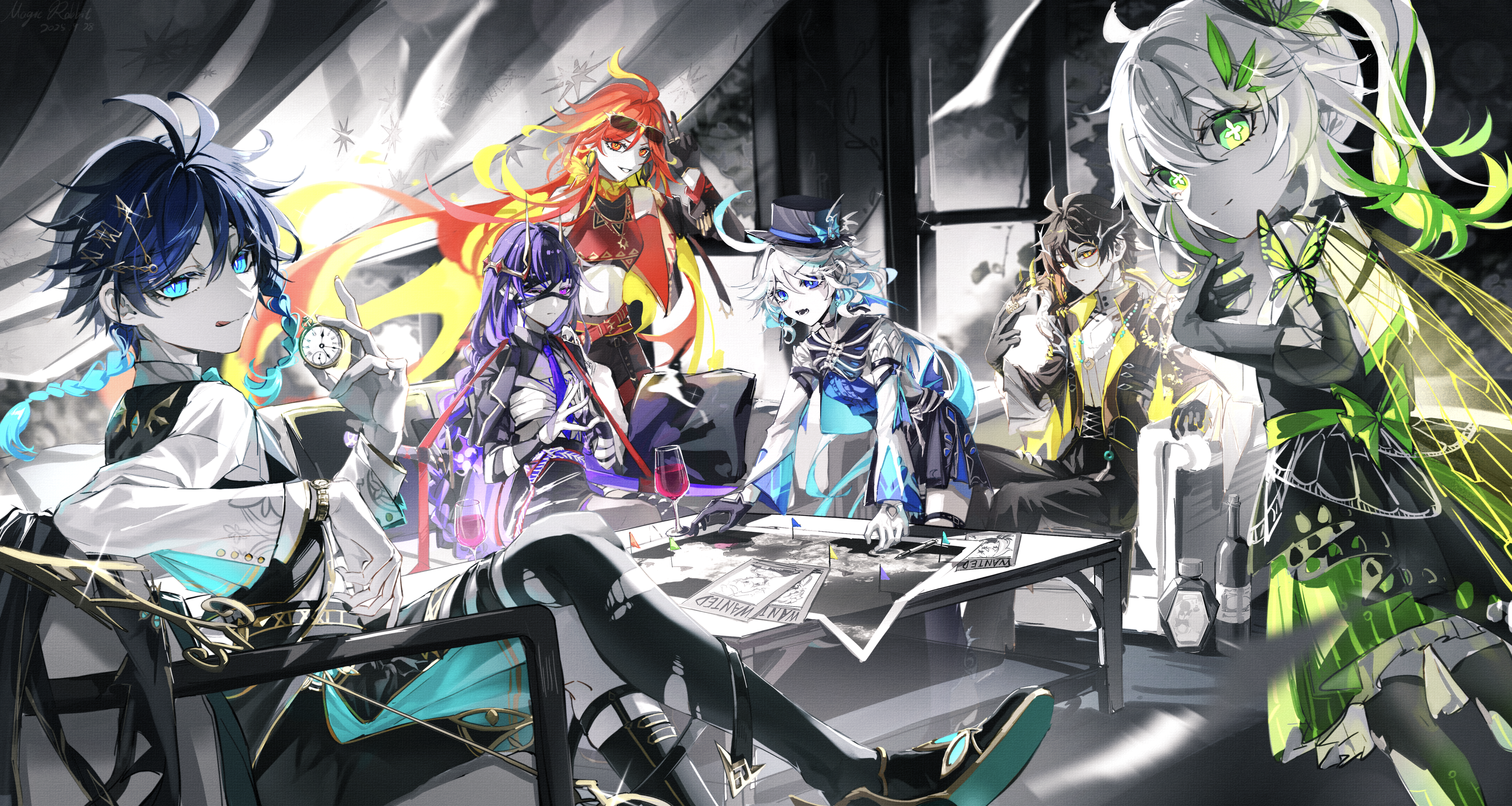 magicrabbit49586, furina (genshin impact), mavuika (genshin impact), nahida (genshin impact), raiden shogun, rex lapis (genshin impact), venti (genshin impact), zhongli (genshin impact), genshin impact, absurdres, chinese commentary, highres, 2boys, 4girls, ahoge, alternate costume, alternate universe, anniversary, arm up, bandage on face, bandaged arm, bandages, black gloves, blue eyes, blue hair, blunt bangs, blurry, braid, brown hair, chest sarashi, closed mouth, collared coat, collared jacket, collared shirt, couch, crop top, crossed legs, cup, depth of field, dress, drinking glass, elbow gloves, expressionless, fiery hair, formal clothes, friends, gloves, glowing, glowing eyes, gradient hair, green eyes, green hair, hair between eyes, hair ornament, happy anniversary, hat, head tilt, heterochromia, holding, holding pocket watch, huge ahoge, indoors, jacket, leaning forward, light smile, long braid, long hair, long sleeves, looking at viewer, looking to the side, mitsudomoe (shape), monochrome background, monocular, multicolored eyes, multicolored hair, multiple boys, multiple girls, navel, necktie, on couch, one eye closed, open clothes, open jacket, open mouth, orange eyes, pants, partially colored, pocket watch, purple eyes, purple hair, purple nails, purple necktie, red eyes, red hair, sarashi, shade, shirt, short hair, side braids, side ponytail, single braid, sitting, smile, standing, stomach, streaked hair, suit, sunglasses, table, teeth, tomoe (symbol), tongue, tongue out, torn clothes, torn pants, watch, wavy hair, wide sleeves, wine glass, wings