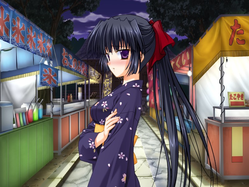 asaba yuu, yanagi nao, kimi to koishite musubarete, game cg, non-web source, 1girl, black hair, blush, female focus, festival, japanese clothes, kimono, long hair, ponytail, purple eyes, solo, yukata
