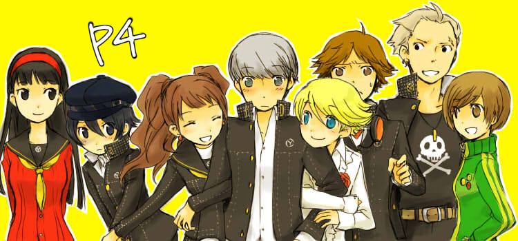 men (pixiv477598), amagi yukiko, hanamura yousuke, kujikawa rise, kuma (persona 4), narukami yu, satonaka chie, shirogane naoto, tatsumi kanji, atlus, persona, persona 4, bad id, bad pixiv id, 4boys, 4girls, closed eyes, multiple boys, multiple girls, school uniform