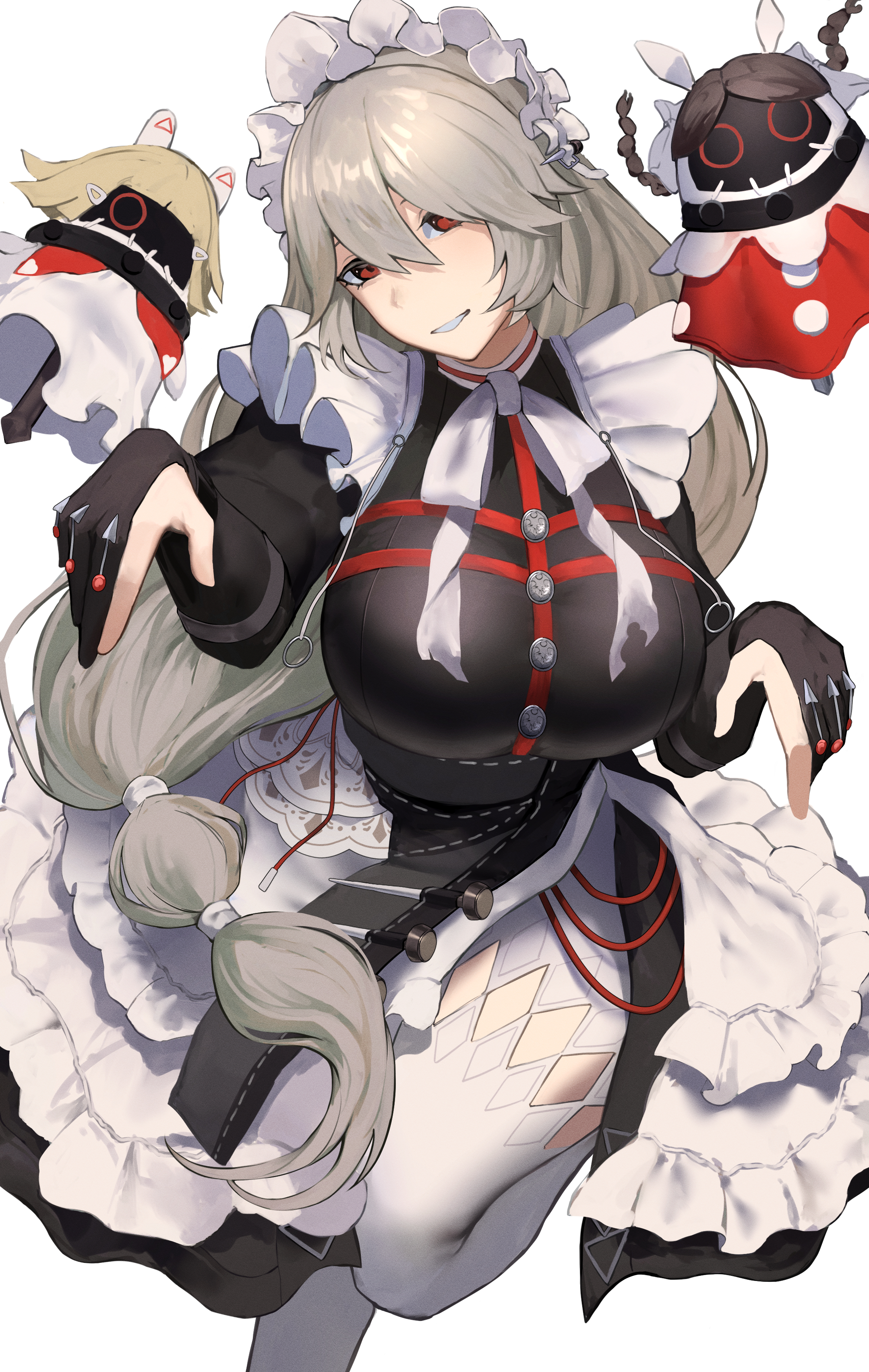 oribito (dnwd3782), alexandrina sebastiane, bangboo (zenless zone zero), zenless zone zero, absurdres, highres, 1girl, black dress, black gloves, blonde hair, breasts, closed mouth, dress, gloves, large breasts, looking at viewer, maid, maid headdress, pantyhose, partially fingerless gloves, red eyes, solo, white background, white headdress, white pantyhose