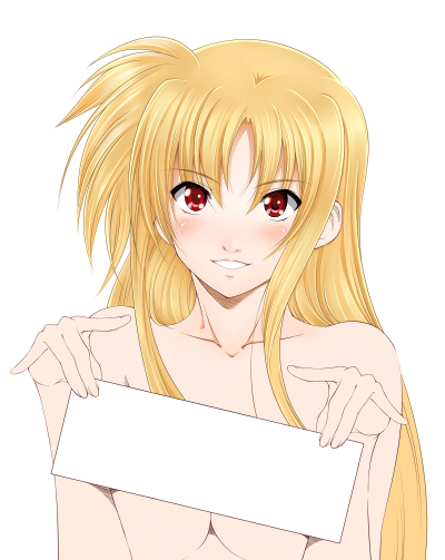 island (kossori), fate testarossa, lyrical nanoha, mahou shoujo lyrical nanoha, mahou shoujo lyrical nanoha strikers, 00s, 1girl, aged up, blonde hair, blush, collarbone, female focus, long hair, nude, red eyes, smile, solo, very long hair