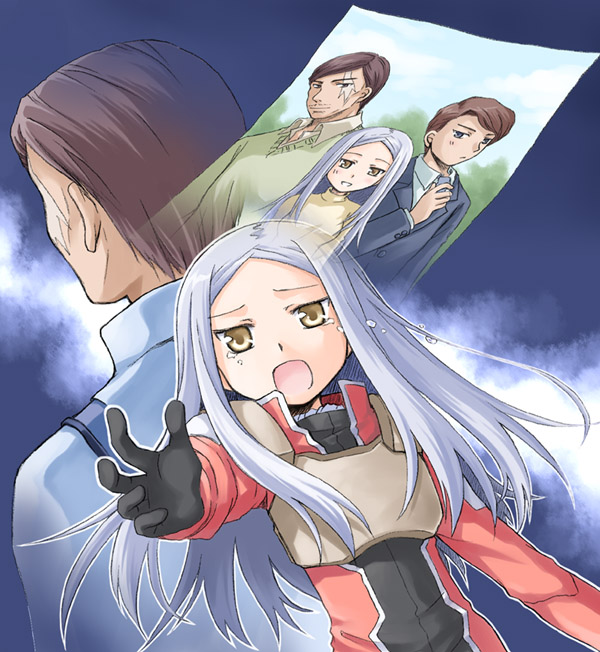 mizuna tomomi, andrei smirnov, sergei smirnov, soma peries, gundam, gundam 00, silver hair, 00s, 1girl, 2boys, :d, armor, back-to-back, black gloves, bodysuit, breastplate, brown hair, gloves, long sleeves, looking at viewer, multiple boys, open mouth, outstretched arm, smile, tears, yellow eyes